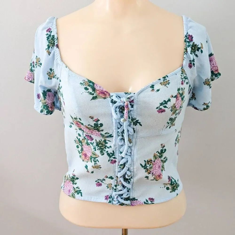 SO Lace Up Peasant Tiny Top Blue Floral